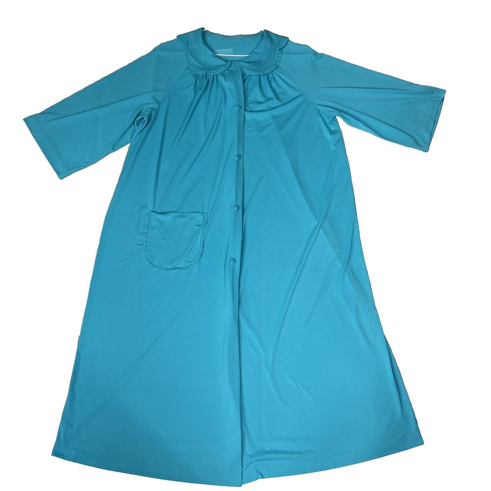 Vtg Shadowline Nylon Robe Nightgown Large Teal Button Front Lace Cottage Granny